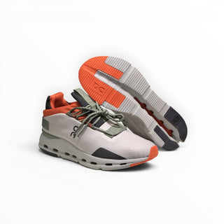 FWSports Shoes Cloudnova women's running sneakers in white, orange, and dark green with CloudTec cushioning.