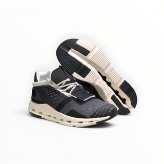 FWSports Shoes Cloudnova women's running sneakers in white, grey, and black with a sock-like upper and CloudTec sole.