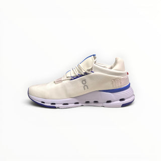 FWSports Shoes Cloudnova women's running sneaker in undyed white with ultramarine blue accents and sock-like upper.