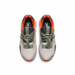 FWSports Shoes Cloudnova men's running shoes in white, orange, and dark green with a sock-like upper and lace-up design.