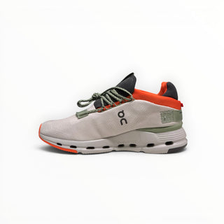 FWSports Shoes Cloudnova men's running sneakers in white, orange, and dark green with a sock-like upper and CloudTec.