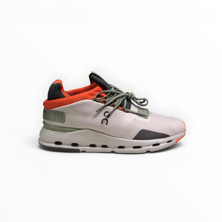 FWSports Shoes Cloudnova men's running sneakers in white, orange, and dark green with a sock-like fit and CloudTec sole.