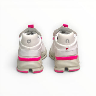 Rear view of FWSports Shoes Cloudnova running sneakers in white with bright pink accents and CloudTec cushioning.