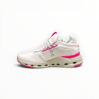 FWSports Shoes Cloudnova running sneakers in white and pink with a sock-like upper and CloudTec cushioning.