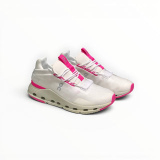 FWSports Shoes Cloudnova women's running sneakers in white and pink with a sock-like upper and CloudTec cushioning.