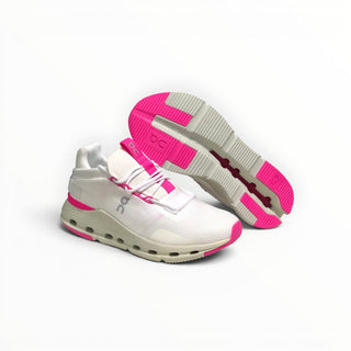FWSports Shoes Cloudnova women's running sneakers in white and pink with sock-like upper and CloudTec cushioned sole.
