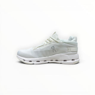 FWSports Shoes Cloudnova men's white running shoe with a sock-like upper and CloudTec cushioning, side profile view.