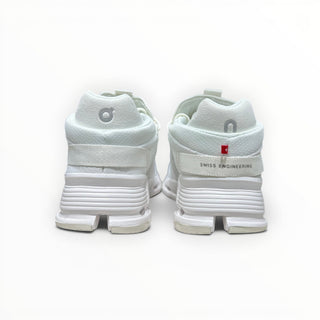 FWSports Shoes CLOUDNOVA men's white running shoes, rear view showing CloudTec cushioning and Swiss Engineering detail.
