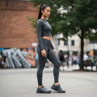 FWSports Shoes On Cloudtilt Remix sneakers in blackout and charcoal worn by a woman in athletic wear on a city street.