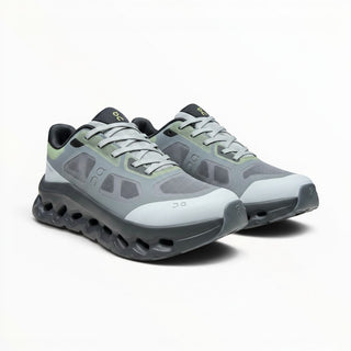 FWSports Shoes On Cloudtilt Remix men's running sneakers in grey, black, and lime with a layered x-ray mesh upper.