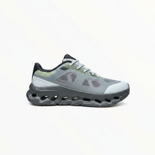 FWSports Shoes On Cloudtilt Remix women's running sneaker in grey, black, and lime with layered x-ray mesh upper.