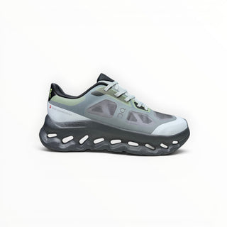 FWSports Shoes On Cloudtilt Remix women's running sneaker in grey, black, and lime with a layered x-ray mesh upper.