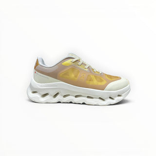FWSports Shoes On Cloudtilt Remix running sneaker in honey, gold, and white with a layered see-through x-ray upper.