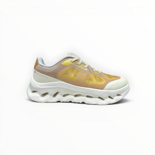 FWSports Shoes On Cloudtilt Remix men's running sneaker in honey, gold, and white with layered see-through upper.