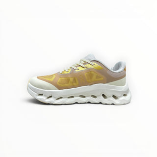FWSports Shoes On Cloudtilt Remix men's running sneaker in honey, gold, and white with a layered x-ray mesh upper.