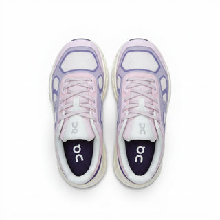 FWSports Shoes On Cloudtilt Remix sneakers in pink, lavender, and purple with a layered x-ray mesh upper, top view.
