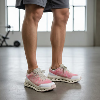 FWSports Shoes On Cloudtilt Remix men's running sneakers in rose, peach, and cream with layered x-ray upper design.