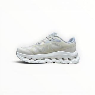 FWSports Shoes On Cloudtilt Remix women's running sneaker in cream and ice blue with layered see-through upper.