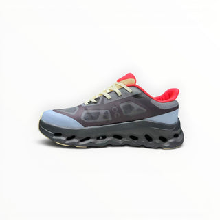 FWSports Shoes On Cloudtilt Remix running sneaker in dark mocha, slate blue, and red with a layered x-ray upper.