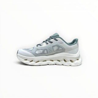FWSports Shoes On Cloudtilt Remix running sneaker in sage, ice, and white with a layered x-ray upper and CloudTec sole.