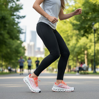 FWSports Shoes On Cloudtilt Remix running sneakers in coral, peach, and white with CloudTec Phase sole in a park.