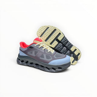 FWSports Shoes On Cloudtilt Remix running sneakers in dark mocha, slate blue, and red with CloudTec Phase sole.