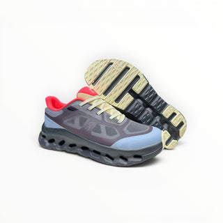 FWSports Shoes On Cloudtilt Remix running sneakers in dark mocha, slate blue, and red with a CloudTec Phase sole.