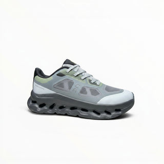 FWSports Shoes On Cloudtilt Remix men's running sneaker in grey, black, and lime with a layered x-ray mesh upper.