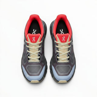 FWSports Shoes On Cloudtilt Remix running sneakers in dark mocha, slate blue, and red with a layered x-ray upper.