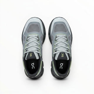 FWSports Shoes On Cloudtilt Remix men's running sneakers in grey, black, and lime with a layered x-ray mesh upper.