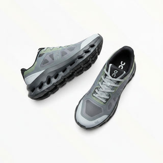 FWSports Shoes On Cloudtilt Remix women's running sneakers in grey, black, and lime with layered x-ray mesh upper.