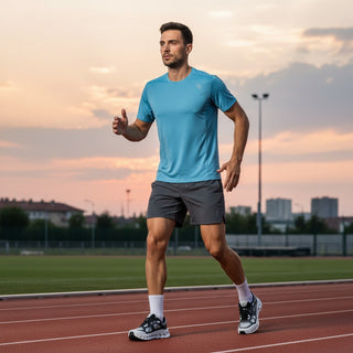 A man running on a track wearing FWSports Shoes Cloudtilt Remix black and white sneakers with CloudTec Phase cushioning.