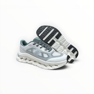 FWSports Shoes On Cloudtilt Remix running sneakers in sage, ice, and white with layered x-ray upper and CloudTec sole.