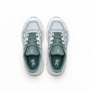 Top view of FWSports Shoes On Cloudtilt Remix running sneakers in sage, ice, and white with layered mesh upper.
