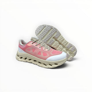 FWSports Shoes On Cloudtilt Remix women's running sneaker in rose, peach, and cream with layered x-ray upper and sole.