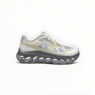 FWSports Shoes On Cloudtilt Remix women's sneaker in cream, sand, and charcoal with a layered x-ray upper and thick sole.