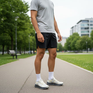 Man wearing FWSports Shoes On Cloudtilt Remix sneakers in cream, sand, and charcoal on a park path.
