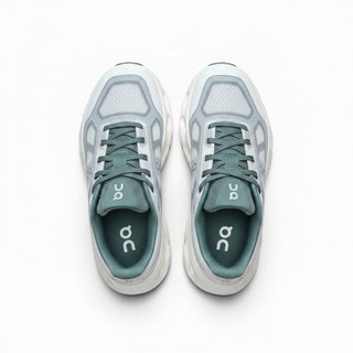 Top view of FWSports Shoes On Cloudtilt Remix sneakers in sage, ice, and white with a layered see-through upper.