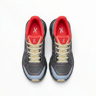 Top view of FWSports Shoes On Cloudtilt Remix sneakers in dark mocha, slate blue, and red with layered mesh upper.