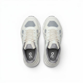 FWSports Shoes On Cloudtilt Remix women's running shoes in white and grey with layered x-ray upper, top view.