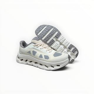 FWSports Shoes On Cloudtilt Remix women's running shoe in white and grey with layered x-ray upper and CloudTec midsole.