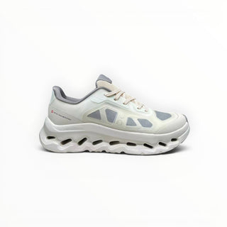 FWSports Shoes On Cloudtilt Remix men's running shoe in white and grey with layered see-through x-ray upper design.