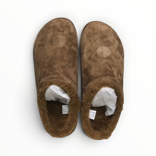 FWSports Shoes Alo Yoga dark brown plush faux fur recovery slippers with a cozy slip-on design for indoor comfort.