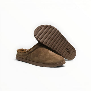 FWSports Shoes Alo Yoga dark brown faux fur recovery slippers with plush lining and textured rubber outsoles.