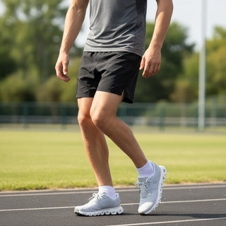 FWSports Shoes On Cloud 6 Waterproof running shoes in glacier grey worn by a man on an outdoor track