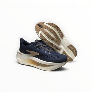 FWSports Shoes Glycerin Max 2 men's running shoes in blue and gold with thick cushioned soles and rocker design.