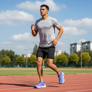Male runner wearing FWSports Shoes Glycerin Max 2 blue running shoes on an outdoor track