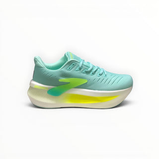 FWSports Shoes Glycerin Max 2 women's running shoes in mint green with a thick white and yellow cushioned rocker sole.