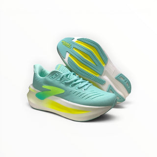 FWSports Shoes Glycerin Max 2 men's running shoes in mint green with thick white and neon yellow cushioned soles.