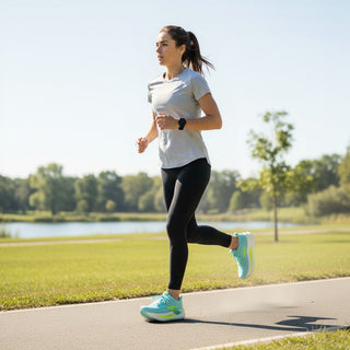 FWSports Shoes Glycerin Max 2 women's running shoes in green with plush cushioning, worn by a runner in a park.